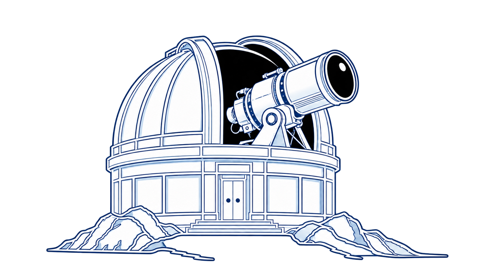 White Observatory dome and telescope, black interior and lens with one white reflection, white doors with blue handles.